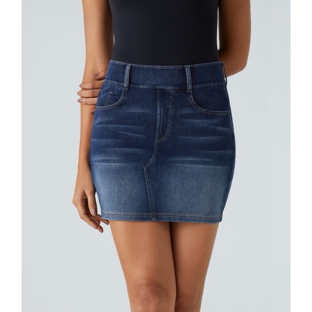 Halara Flex High Waisted Mini Washed Denim Casual Skirt Bright Blue Denim XS